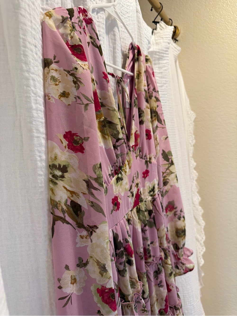 LUSH Pink Floral Open Back Tiered Mini Dress Long Sleeve - Picture 3 of 7